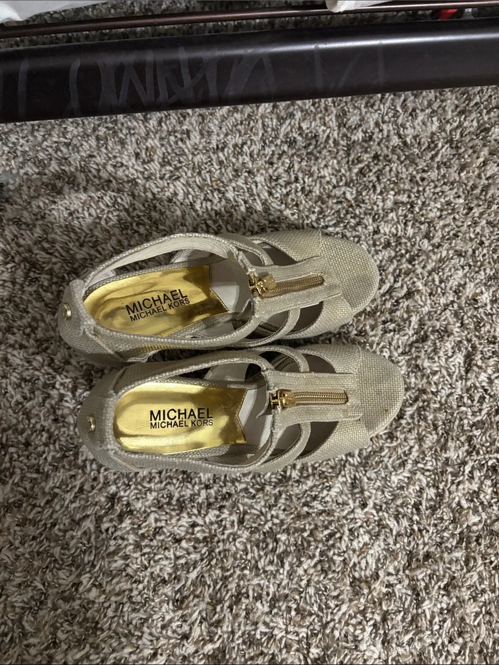 MICHAEL Michael Kors Tan Beige Wedge Sandals with Gold Zipper Accent
